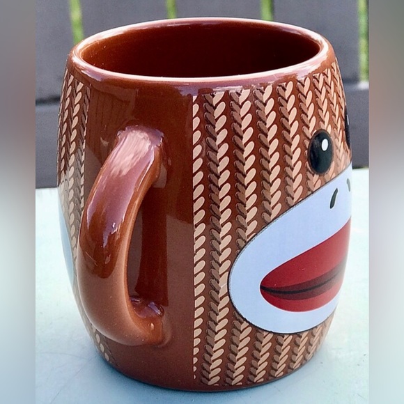 Gallerie SOCK MONKEY Double Jug Handle Brown 2 Side Cartoon Ceramic Coffee Mug - Picture 6 of 10